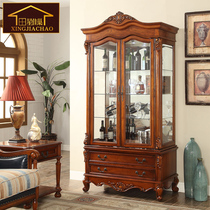 American all-wood glass double door wine cabinet European-style red wine cabinet integrated by wall Villa Living Room Combination Display Cabinet