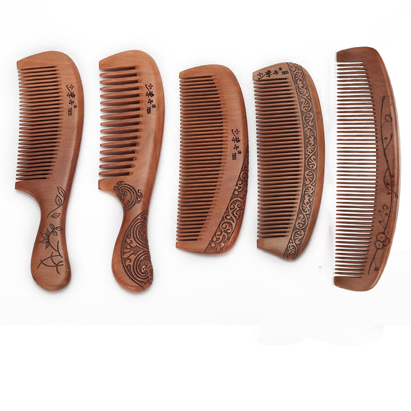 Small plum peaches wood comb natural handmade engraving anti-long straight curly hair comb static home lettering