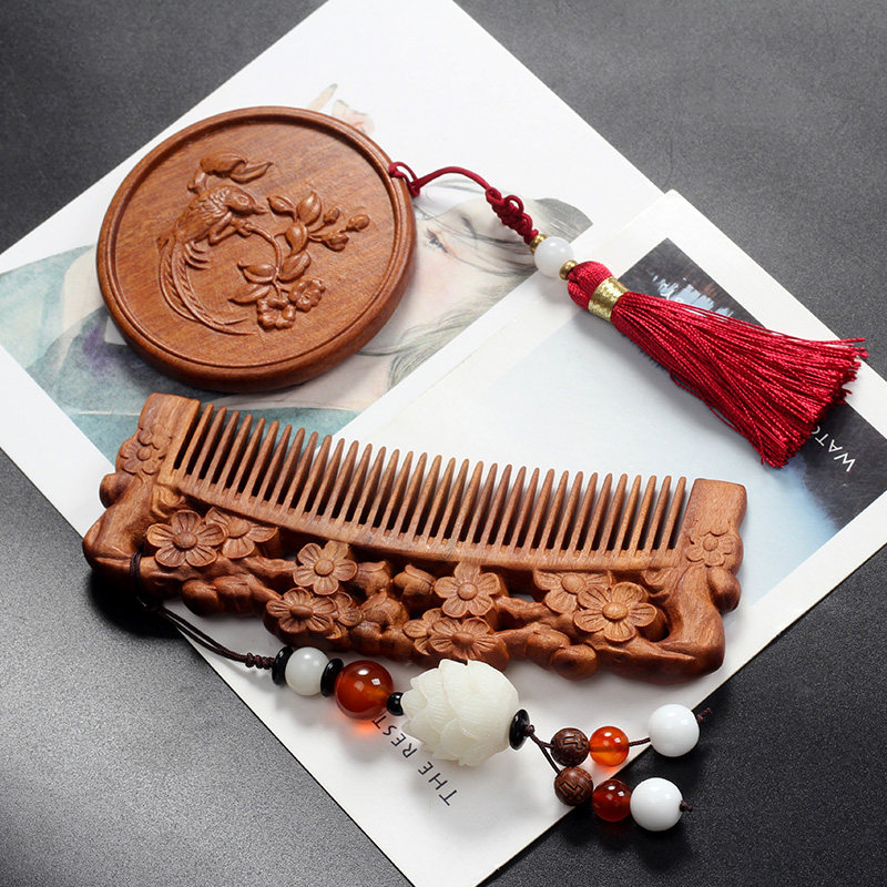 Comb Mirror Suit Comb Curly Hair Comb Round Mirror Gift Box Set Hair Loss Static Lettering HEALTHCARE MASSAGE WOODY COMB