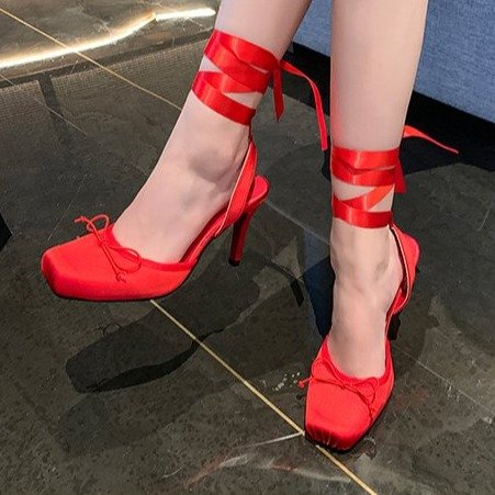 Zhao Lusi Style Ballet-Style Square-Toe Satin Lace-Up Bow Stiletto High Heels Closed-Toe Sandals for Women Trendy Zhao Lusi Style Ballet-Style Square-Toe Satin Lace-Up Bow Stiletto High Heels Closed-Toe Sandals for Women Trendy