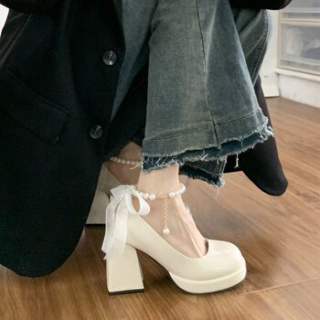 Mary Jane Shoes Women's Leather Shoes 2025 New Leather Women's Shoes Petite Thick-Soled Women's Shoes High-Heeled White Single Shoes Wedding Shoes