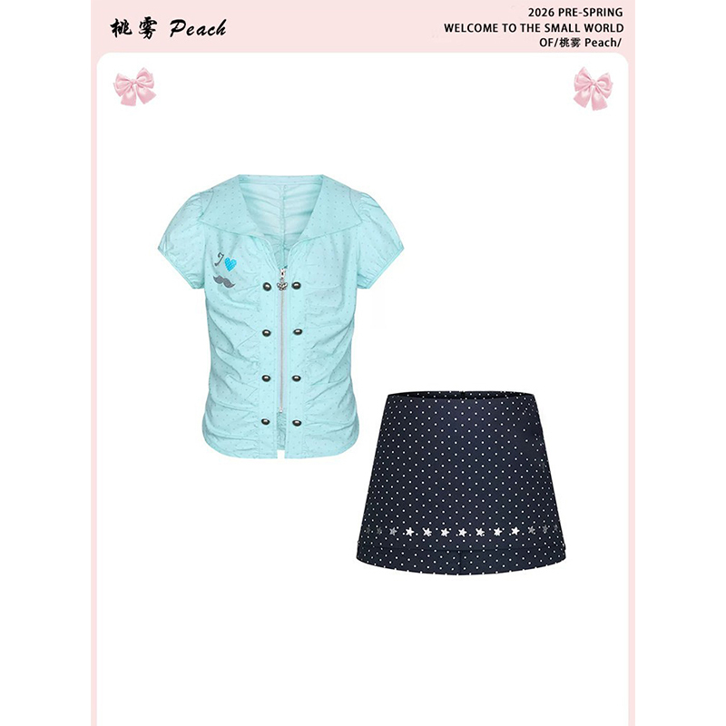 Mint Early Summer Vintage Retro Polka Dot Shirt + Star Skirt Pants Set Niche Y2K Spicy Girl Two-Piece Set Mint Early Summer Vintage Retro Polka Dot Shirt + Star Skirt Pants Set Niche Y2K Spicy Girl Two-Piece Set
