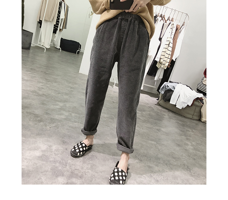 Quần nhung kẻ sọc của phụ nữ mùa thu và mùa đông lỏng lẻo eo cao co giãn quần harem quần retro quần ống rộng quần túi hộp nữ