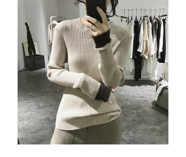 Tương phản hàng dệt kim Phụ nữ mùa thu và mùa đông không đều cổ tròn Slim Stretch Pit Slim Hàn Quốc áo sơ mi hàng đầu các kiểu áo len
