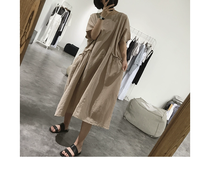 Linen dress nữ mùa hè lỏng kích thước lớn trên đầu gối pocket vòng cổ sack váy văn học ngắn tay cotton và linen dài váy