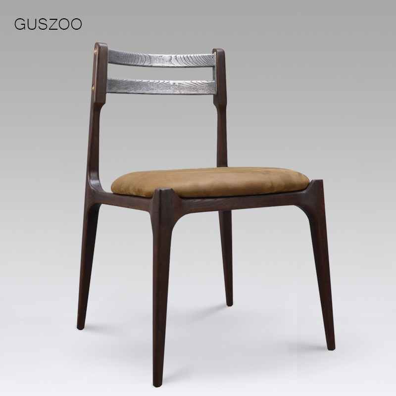 Vietnam designer dining chair industrial wind metal upscale oak retro-cast aluminum backrest solid wood headlayer genuine leather chair
