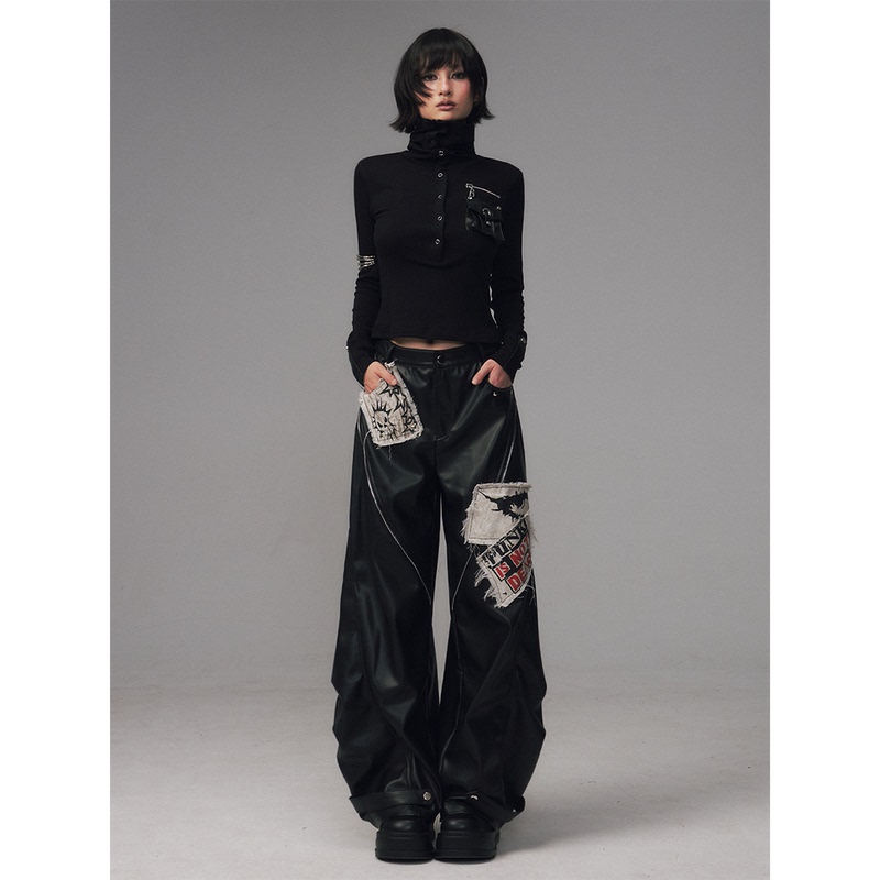 Lost after Garden Punk Rock Heavy-Duty Zipper Split Print Frayed Patch Rivet Loose Scimitar Pants Leather Pants