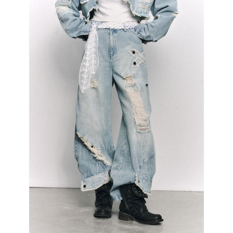 Lost in the Back Garden Millennium Retro Hot Girl Distressed Washed Frayed Hem Scimitar Pants Women's Loose Wide-Leg Jeans