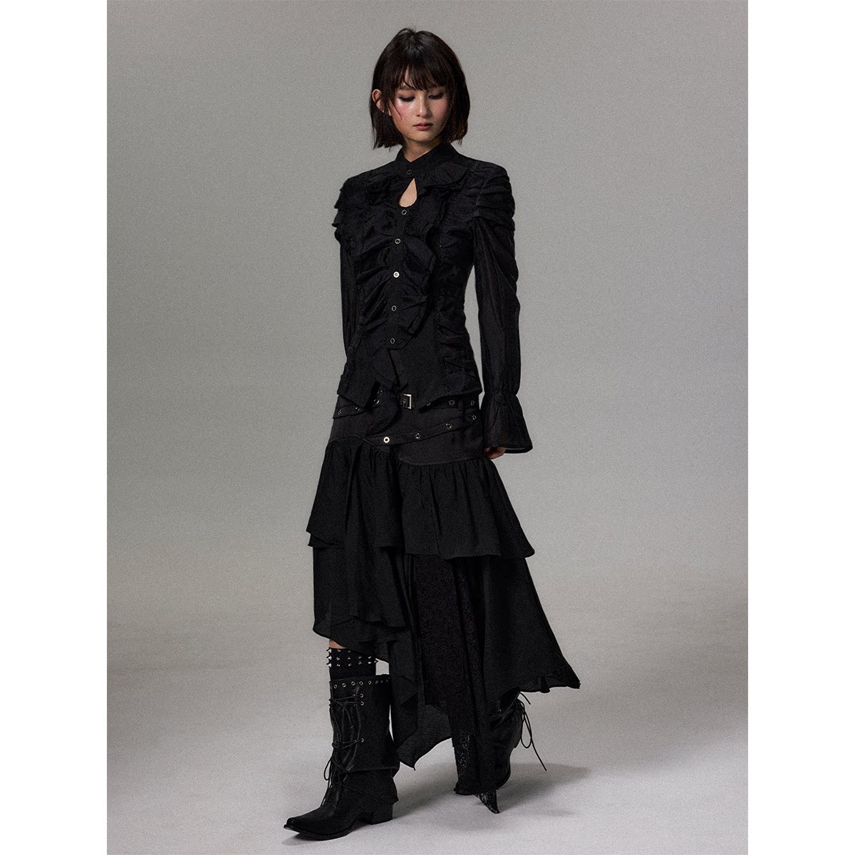 Lost Garden Dark Court Style Asymmetrical Ruffled Patchwork Classic Romantic Long-Sleeved Slim Fit Shirt