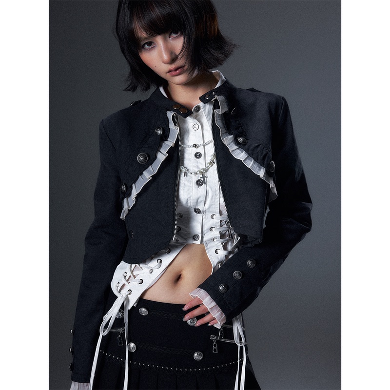 Lost Garden Palace Romantic Punk Lace Metal Buckle Detachable Two-Way Wear Heavy Craft Slim Fit Jacket Short Coat