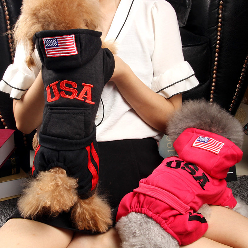 Handsome USA-laid clothes embroidered clothes dog clothes than bear Teddy autumn winter four foot clothes hood