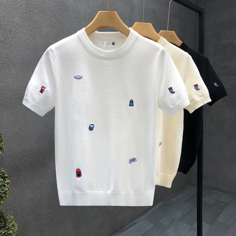 Popular Cartoon Embroidered Short-Sleeved Sweater for Men, High-End Quality Round Neck Casual Half-Sleeved Knitted T-Shirt Summer Top