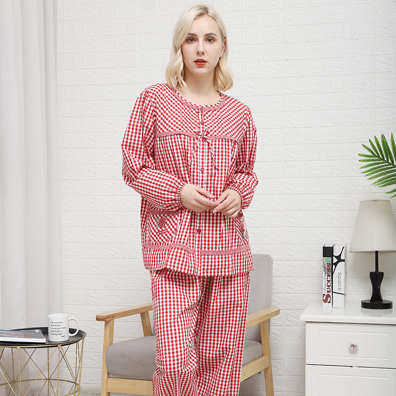 Michael's Spring and Autumn Women's Long-Sleeved Long Pants Woven Pure Cotton Plaid Simple Comfortable Round Neck Button-Front Pajamas 4197