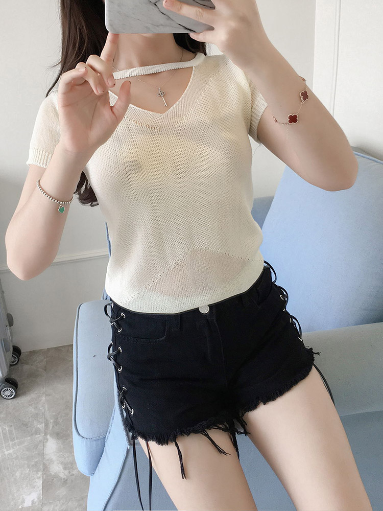 Gamma mát mẻ thời trang mới dành cho nữ kiểu dáng thon gọn màu rắn hoang dã V-cổ ngắn tay áo len mỏng 7485 ao khoac len dep