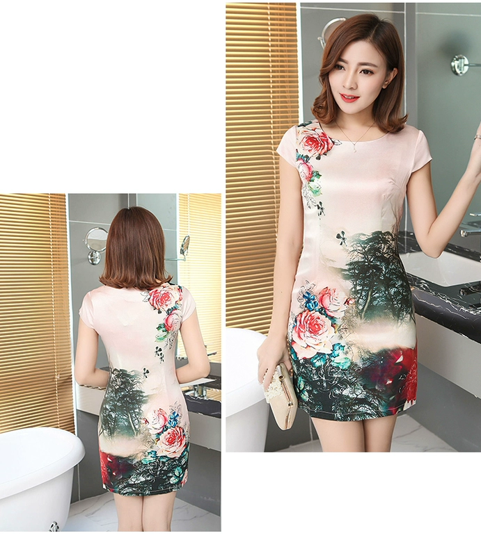 Mát gamma mới in lụa ngắn được cải thiện cheongsam 0934