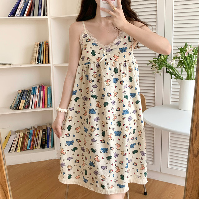 ຊຸດນອນແຟຊັ້ນສຳລັບແມ່ຍິງ summer woven cotton suspender skirt cute and sweet with breast pads pajamas internet celebrity style loose home clothes