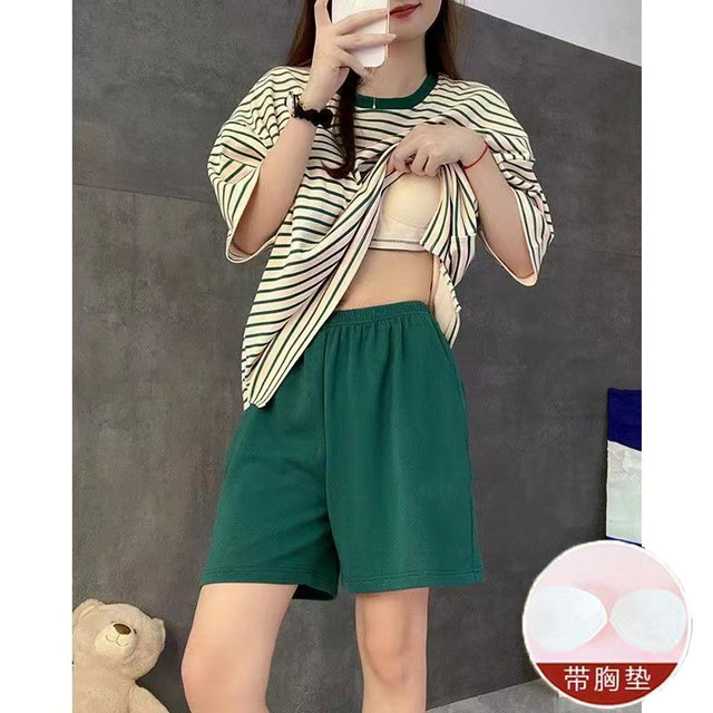 Pyjamas for women summer short-sleeved pure cotton with chest pads loose suit 2023 new students Korean style casual wear ເຮືອນ