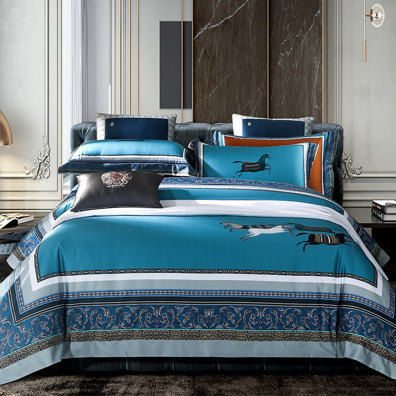 European and American wind all-cotton pure cotton four-piece high-end digital printed quilt cover 120 Horsecotton 4 Pieces Bedding bedding