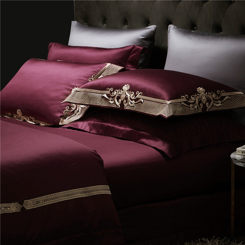 Italian luxury 140-count pure cotton embroidery four-piece wine red high-end quilt cover satin long-staple cotton bedding