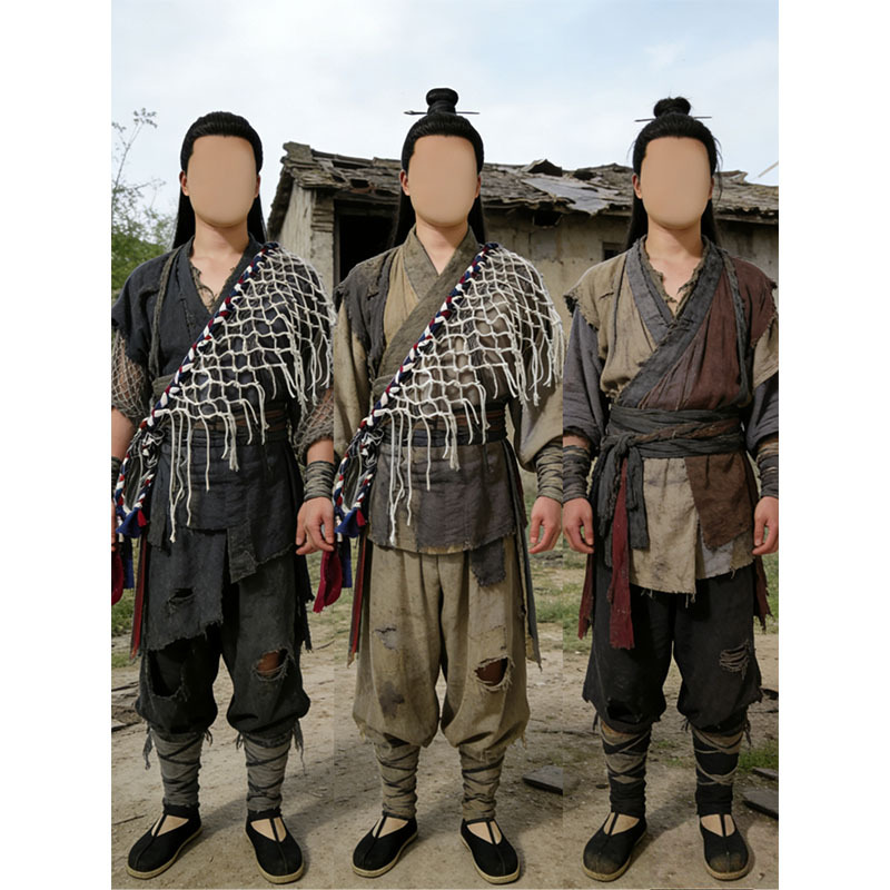 Ancient-Style Tattered Cotton and Linen Hanfu Male Warrior Role-Playing Costume, Complete Set of Extras' Commoner and Beggar Outfits for Stage Performance