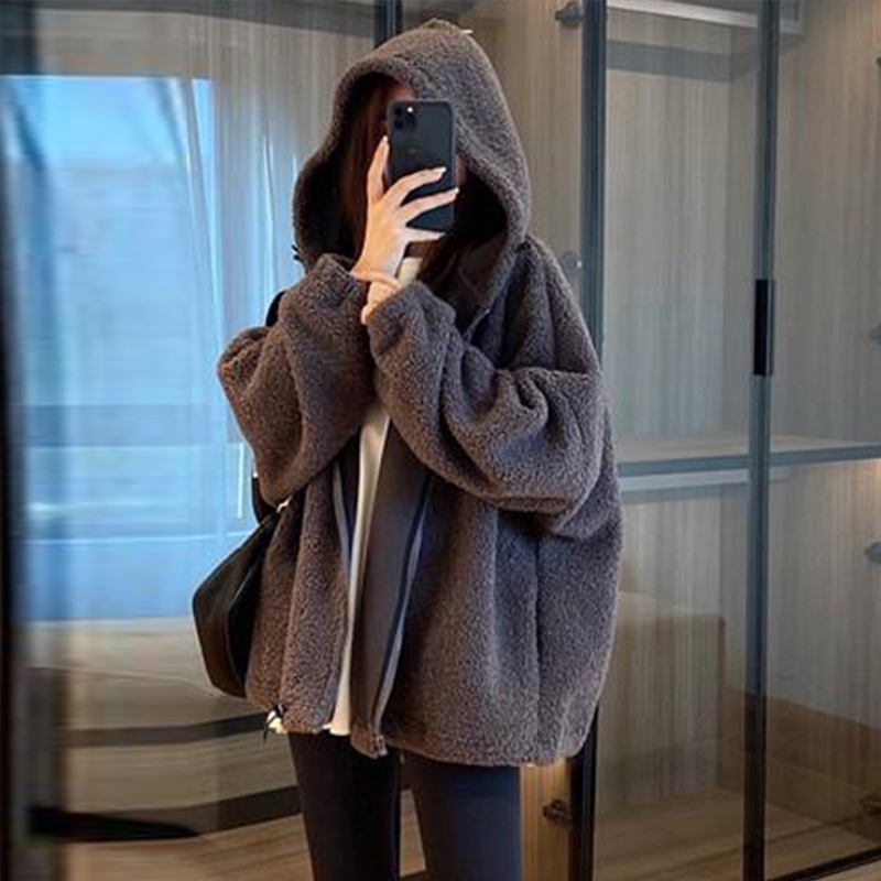 Lamb Wool Fleece-Lined Jacket for Women, Winter Plus Size, Loose Sweatshirt, Particle Fleece, Hooded, Thickened Furry Coat