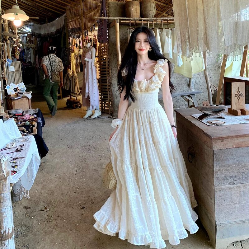 Santorini Style Vacation Dress with Large Round Neckline, Ruffled Heavy-Duty Spaghetti Strap Dress for Women, Cinched Waist, Slimming, Extra-Large Skirt