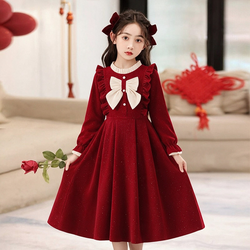 Girls' Autumn and Winter Red Festive Dress, New Trendy Fashion Mid-Length Princess Dress for Little Girls' Performances