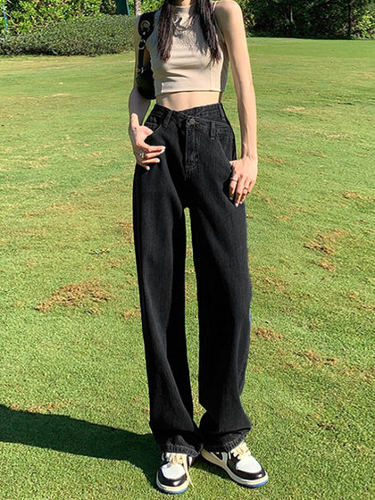 梨形身材黑灰阔腿牛仔裤女春季新款大码胖mm高腰宽松直筒显瘦裤子