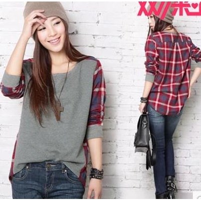 2016 Korean version stitching plaid T-shirt women summer women t shirt casual blouse tops