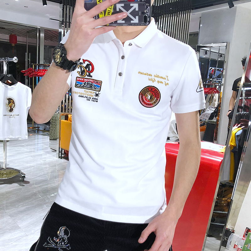 Europe station 2021 summer new men's fashion brand slim European lapels short sleeves T-shirt badge embroidered polo shirt