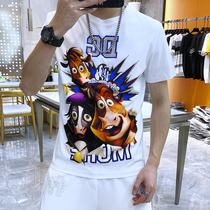 European station 2021 summer new trendy brand T slim cartoon life ox year printing hot drill short sleeve T-shirt men trend