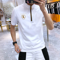 European station 2021 summer New Tide brand T slim stand collar half high zipper Taurus printing hot drill short sleeve T-shirt men