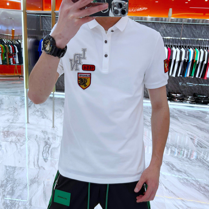 European station summer new trendy brand knight badge embroidery hot drill slim POLO shirt men's lapel short-sleeved T-shirt