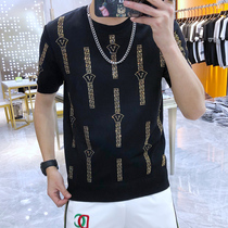 European Station 2021 Summer Tide Brand Mens Slim Short Sleeve Sweater European High-end Ice Silk Knit Hot Diamond T-shirt