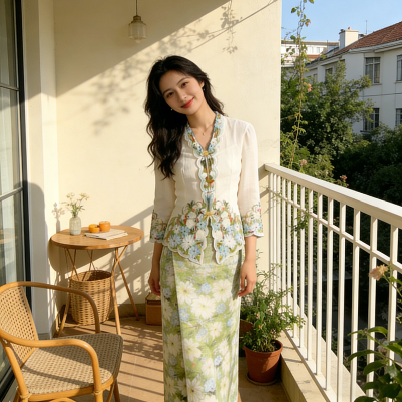 Little Nyonya Yue Niang Style Clothing, Off-White Floral Embroidery, Exquisite and Elegant, Bodycon Skirt, Chinese Style Travel Photography for Women