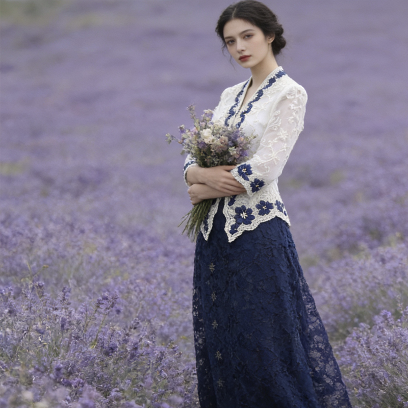 2026 Spring Peranakan Clothing Lace Embroidered Shirt Top Royal Blue Bodycon Embroidered Skirt Set 2026 Spring Peranakan Clothing Lace Embroidered Shirt Top Royal Blue Bodycon Embroidered Skirt Set
