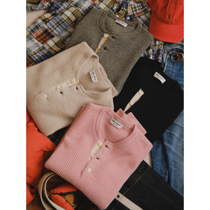 Safari Waffle Henley Sweater｜Merino Wool｜Henley Collar Waffle Knit Sweater