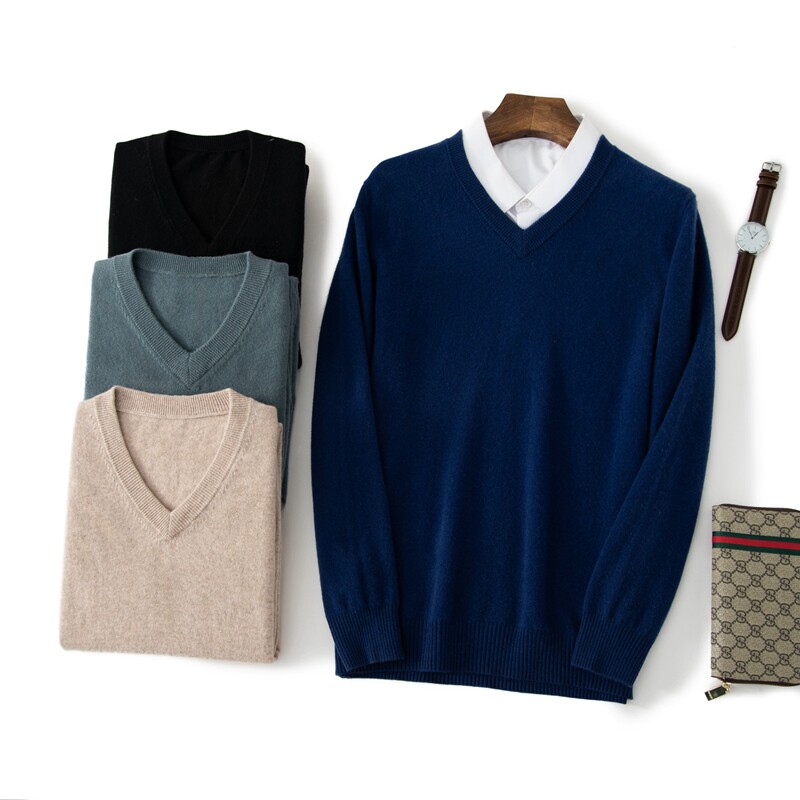 Men's Spinned Cashmere Shirt Fall and Winter Casual Business Blade Knitted and Warm V-collar Sweater Fashion
