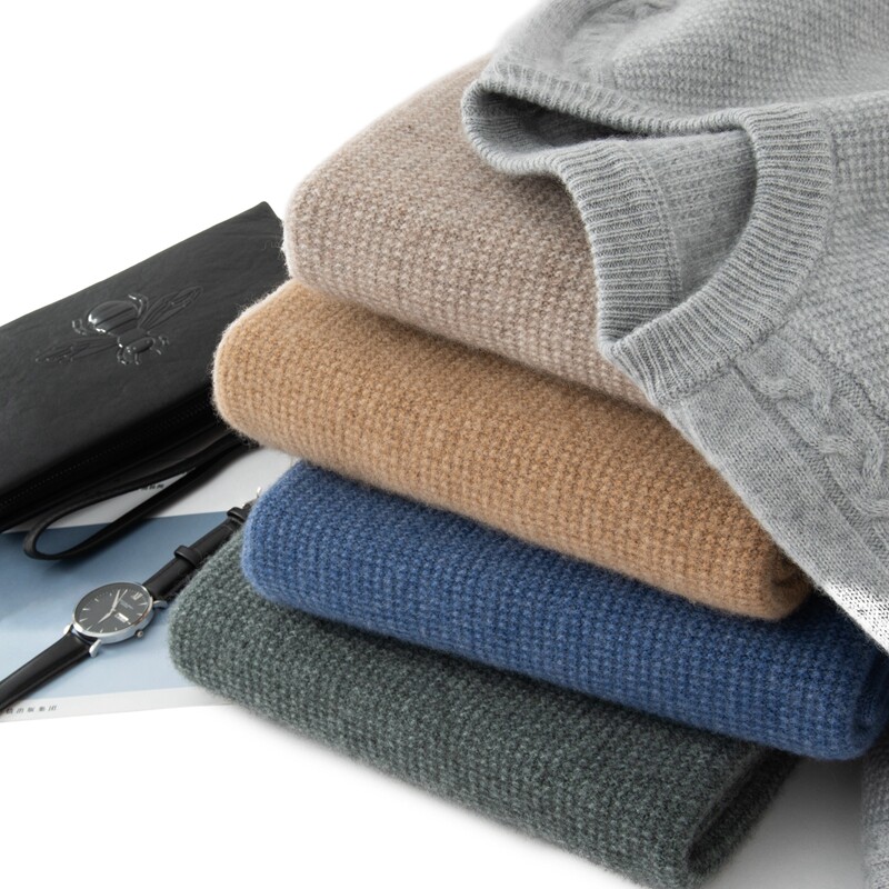 Autumn Winter New Men's Round Collar Thickened Goat Sweatshirt Fashion Whole Body Jacquard Pure Color Thickened Sweater Fashion Shoulder Flowers Warm-Taobao