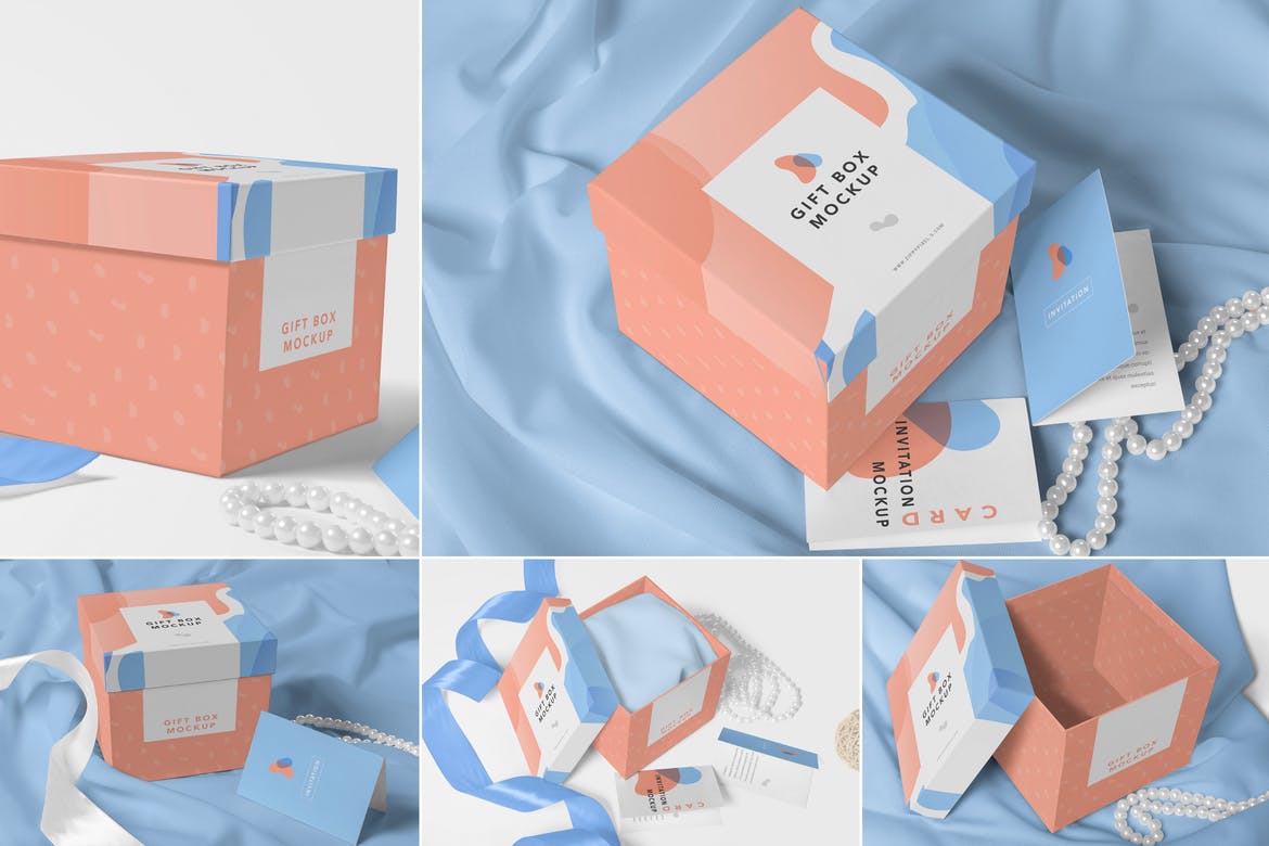  礼品盒样机不同角度方形盒子样机蓝色橘色拼色华丽图案设计豪华设计素材模板