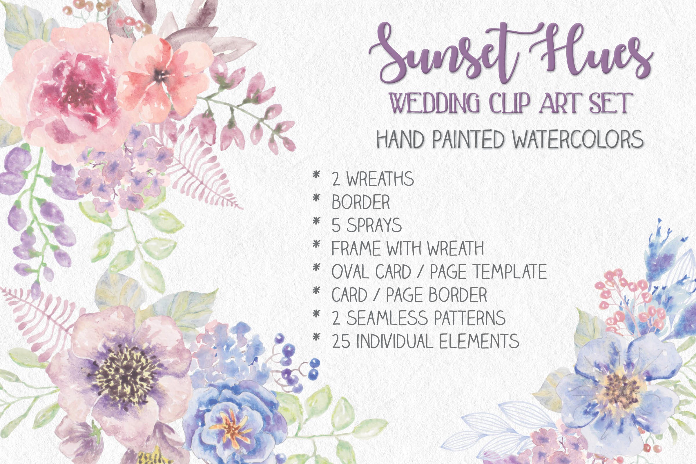 婚礼设计水彩花卉剪贴画素材包 Sunset Hues Wedding Clip Art Set 变色鱼