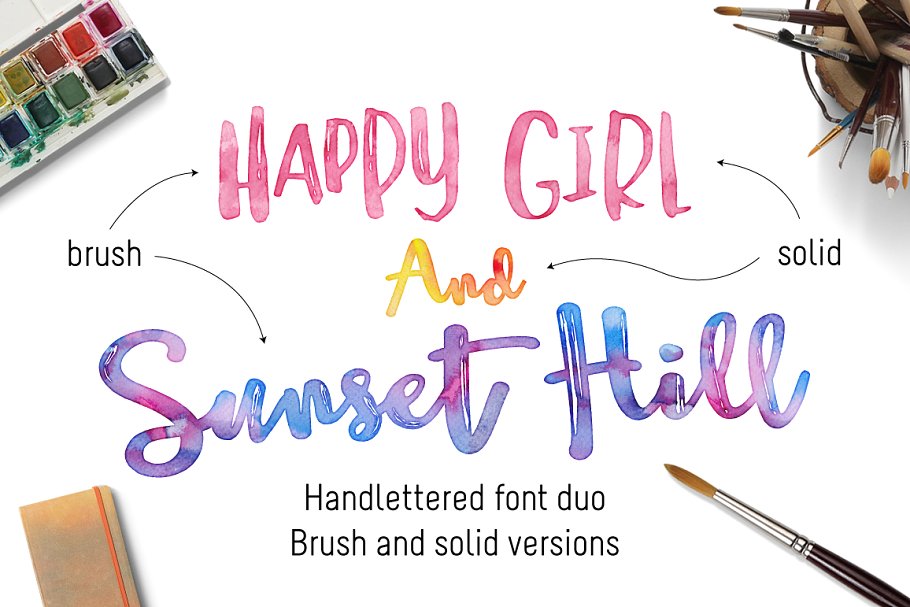 漂亮的手绘字体 Sunset Hill Brush Font Bundle设计素材模板