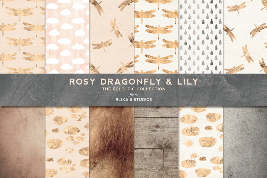 蜻蜓金色图案纹理 Golden Dragonfly Patterns & Textures设计素材模板