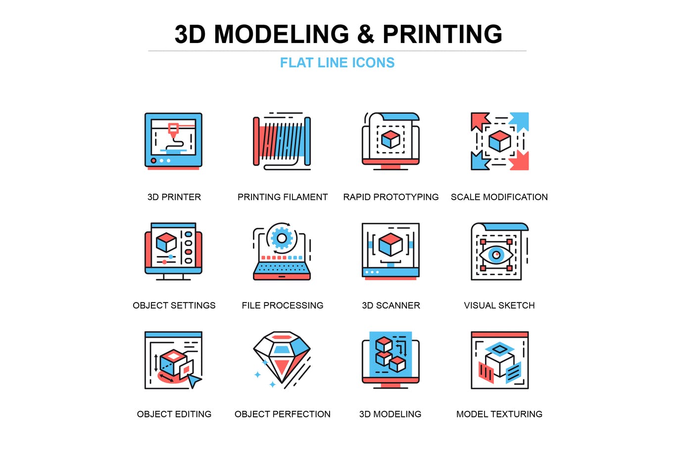 细线建模和3D打印图标icon集合设计素材模板