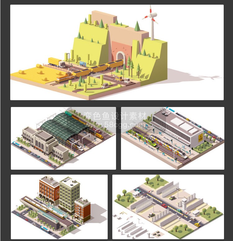 3D立体2.5D等距扁平建筑插画室内城市汽车工业体育场地AI矢量素材 AI0022设计素材模板