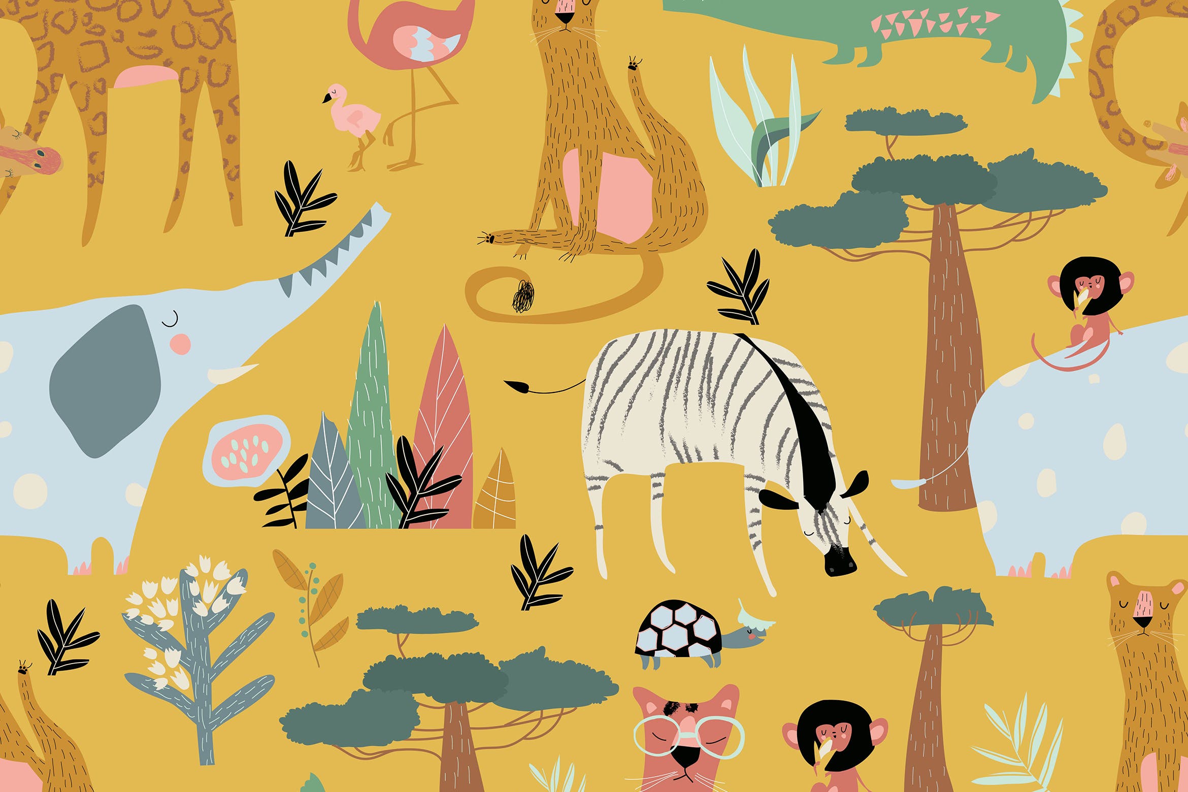 野生动物矢量无缝图案素材 Vector seamless pattern of wild animals on yellow设计素材模板