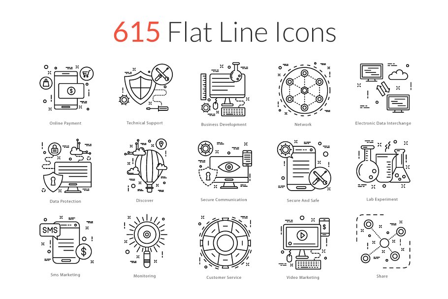 扁平化线型图标 615 Flat Line Icons设计素材模板