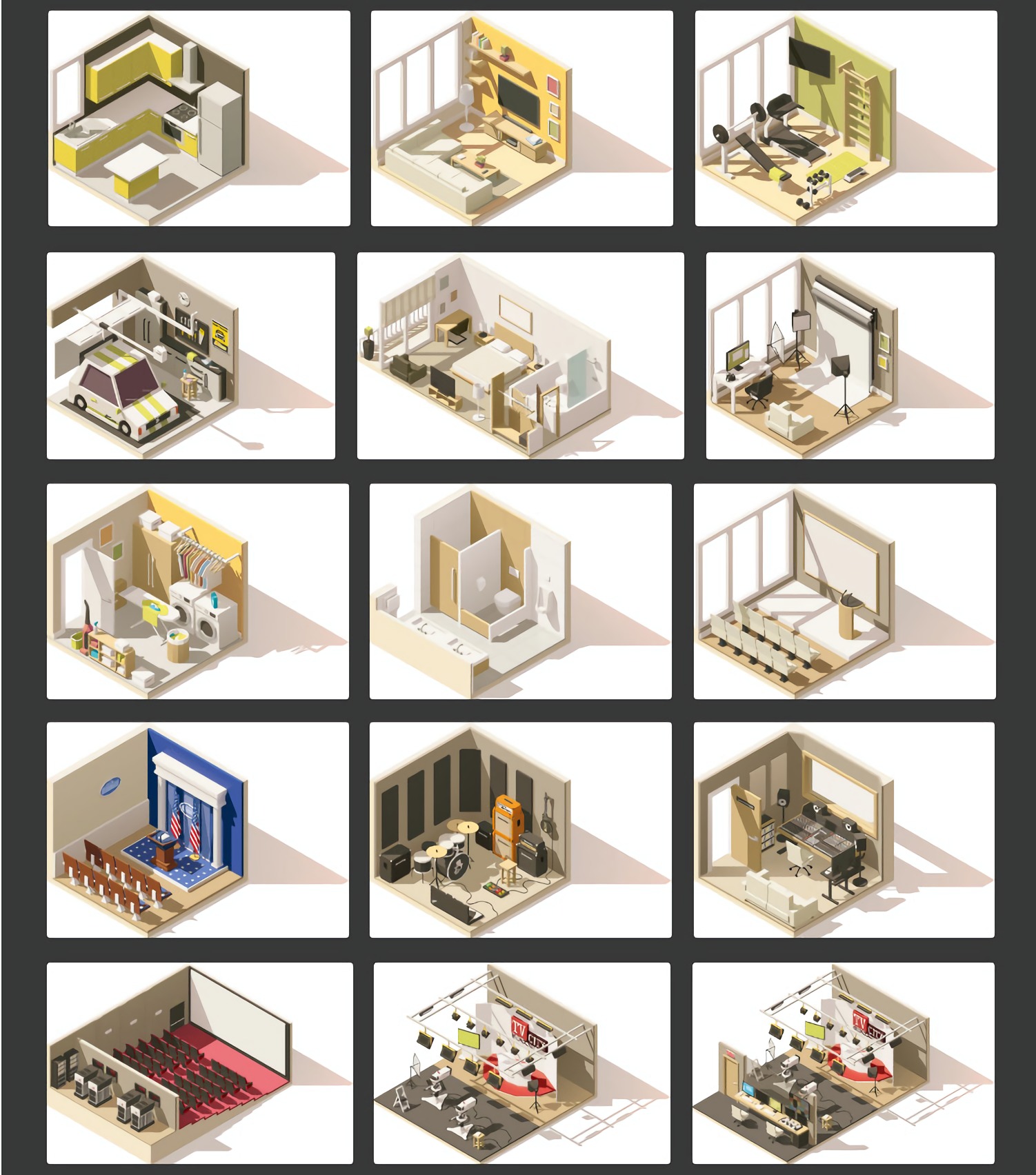 3D立体2.5D等距扁平建筑插画室内城市汽车工业体育场地AI矢量素材 AI0022设计素材模板