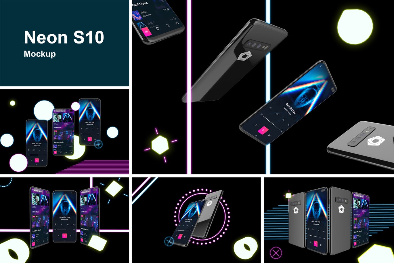 UI样机时尚高端震撼的霓虹灯效果的安卓三星S10手机APP 展示模型mockups设计素材模板