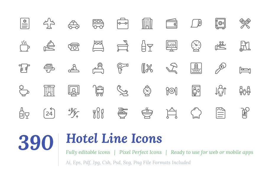 390酒店功能图标大全 390 Hotel Line Icons设计素材模板